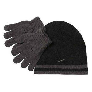 Boys Nike Winter Hat & Gloves Set 8-20 Swoosh Logo Reversible Black Gray Beanie